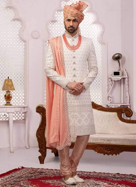 Off White And Peach Colour Wedding Wear Embroidery Work Sherwani Groom Latest Collection 9012